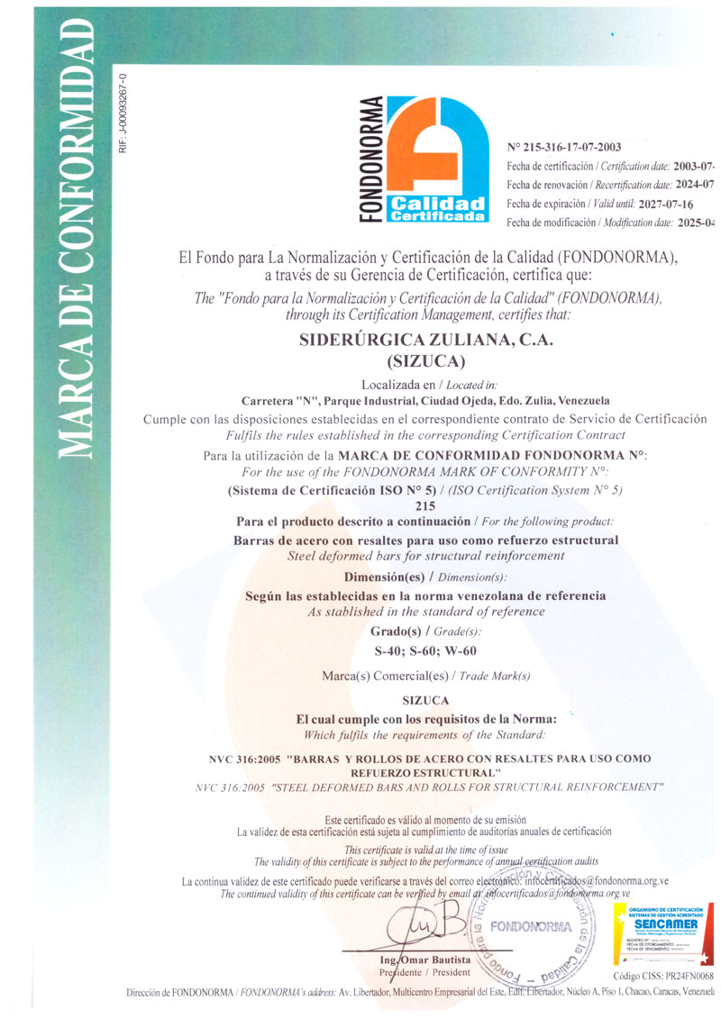 Certificado de Marca de Conformidad FONDONORMA otorgado a SIZUCA